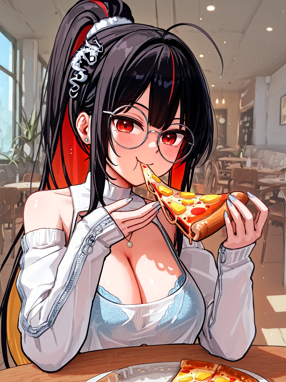 1girl, solo, moranoffdutyqueen, red eyes, bare shoulders, large breasts, cleavage, midriff, navel, blue nails, nail polish, <lora:Moran_Off-Duty_Queen_IL:1>, BREAK,
black hair, red hair, brown hair, multicolored hair, streaked hair, colored inner hair, very long hair, high ponytail, hair scrunchie, ahoge, hair intakes, blunt bangs, double-parted bangs, long sidelocks, BREAK,
dragon hair ornament, round eyewear, stud earrings, crop top, white camisole, halterneck, cleavage cutout, necklace, lingerie, bra peek, blue bra, BREAK,
shoulder cutout, detached sleeves, white sleeves, sleeves past wrists, sleeve zipper, zipper pull tab, BREAK,
blush, smile, eating, looking at viewer, BREAK,
sitting, on chair, table, pov across table, pineappleonpizzaaaa, pineapple on pizza, pizza, <lora:pineapple_pizza_IL_v2:1>, BREAK,
indoors, restaurant