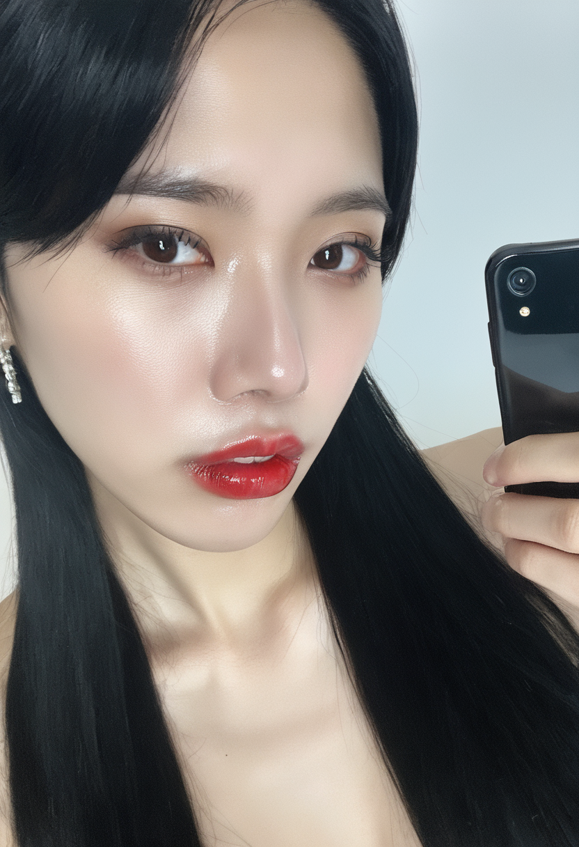 Mobile phone image quality,computational photography,Hime cut,long black hair,lip biting,detailed skin,detailed face,1girl
<lora:sdsFILM_v40-sdxl-V1:0.8> ,markup,red lips,kpop idol, <lora:spo_sdxl_10ep_4k-data_lora_webui:0.3>, <lora:asian beauty face-pony-v1:0.5>