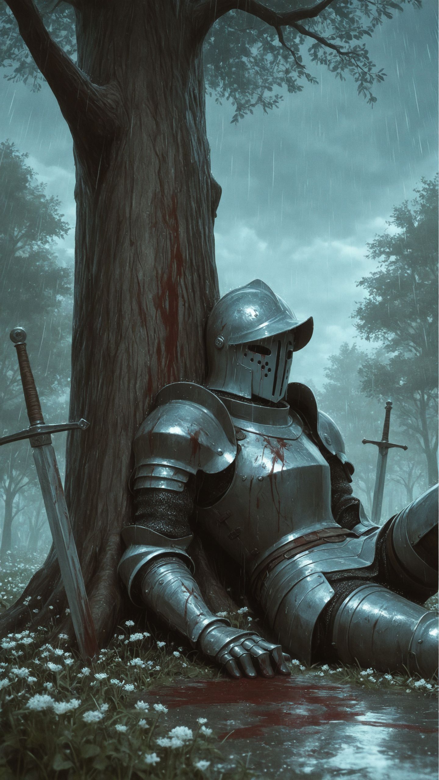 (painterly:1.2, pastel \(medium\):1.3), portrait, <lora:add-detail-xl:1>,
masterpiece,best quality,
lone knight, full plate armor, ((rusty plate armor)), rusty helmet, battle damage, damaged armor, blood on armor, blood splatter, battle-scared, green meadow, against tree, dead, death, on ground, planted sword, surrounded by delicate white wildflowers, dark enchanted forest in the background, raining, heavy rain, water droplets, atmospheric lighting, peaceful, melancholic mood, medieval fantasy setting, highly detailed metal textures, intricate engravings on armor, cinematic composition, cloudy sky, dark sky,
dynamic angle, wide shot