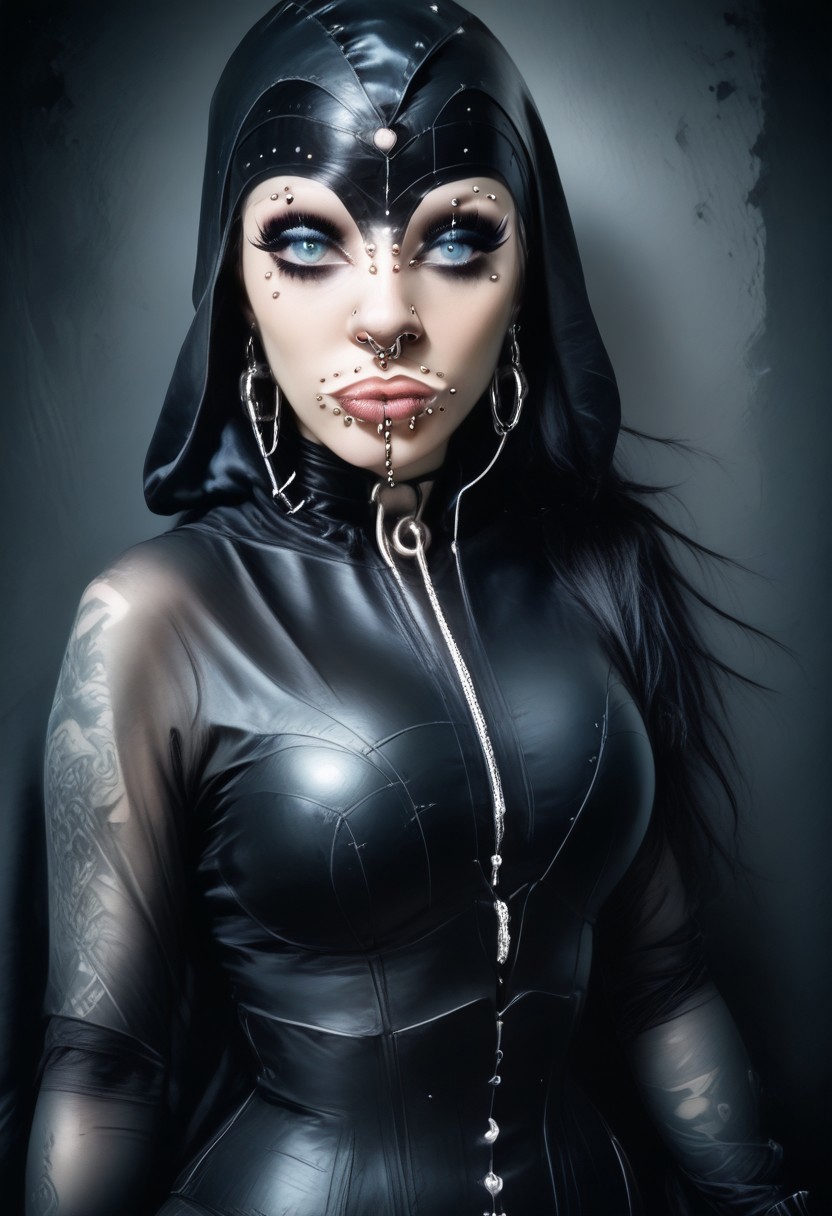 score_9, score_8_up, score_7_up, rating_safe, concept art, realistic, dark theme, low light, dvr-gs, Fixhand.
1girl, solo, blue eyes. Sexy makeup.
(Big breast:1.2), (Round breast:1.2).
((ExtrFacePiercing:1.8)).
((latexHood)), ((noHair)), ((hairless)).