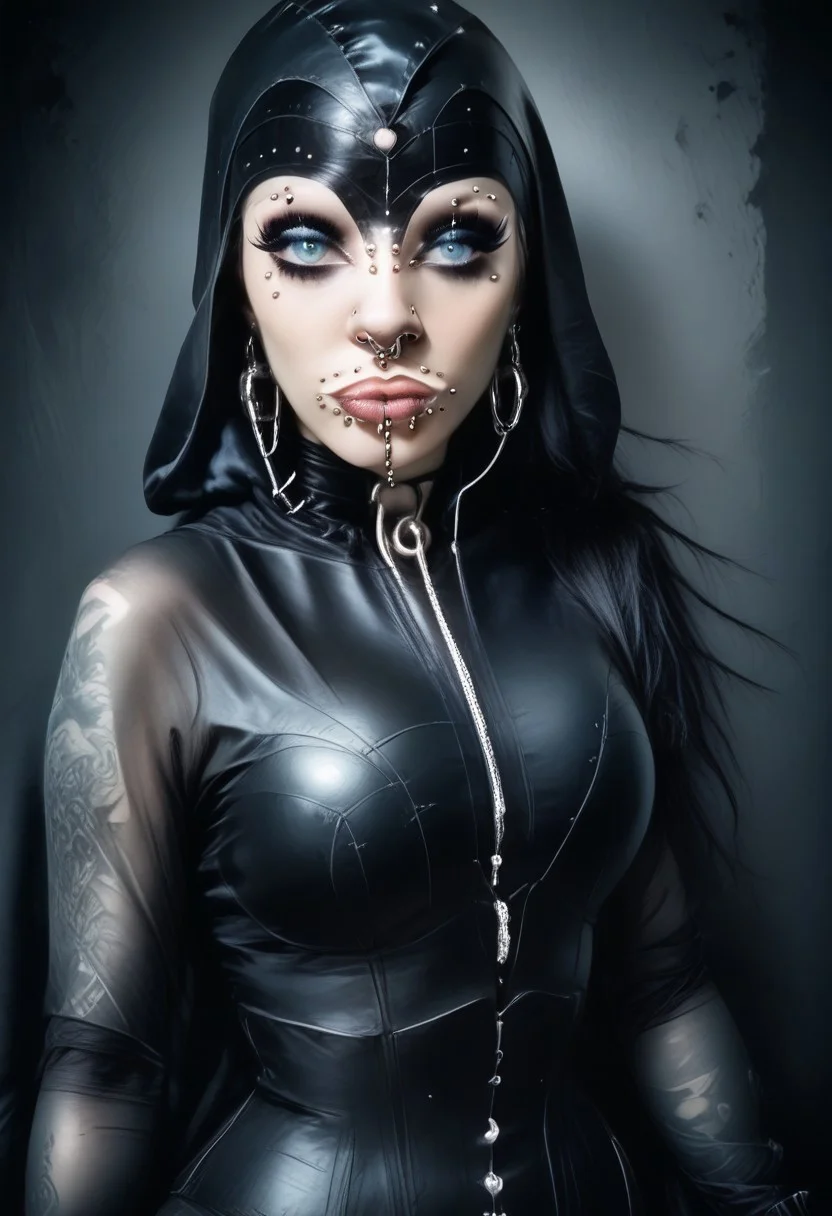 score_9, score_8_up, score_7_up, rating_safe, concept art, realistic, dark theme, low light, dvr-gs, Fixhand.
1girl, solo, blue eyes. Sexy makeup.
(Big breast:1.2), (Round breast:1.2).
((ExtrFacePiercing:1.8)).
((latexHood)), ((noHair)), ((hairless)).