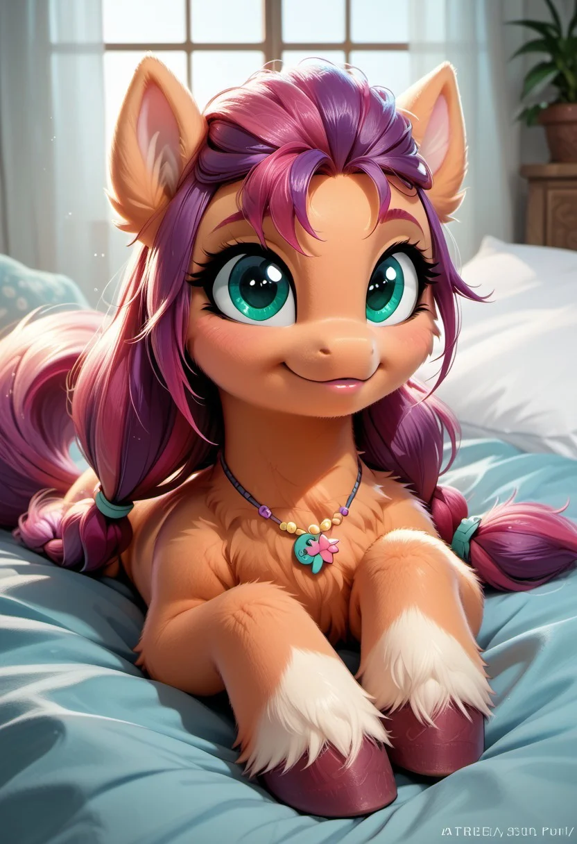 score_9, score_8_up, score_7_up,MegaFluffyPony, furry, fluffy, egirl sunny starscout (mlp) 5.5 extremely detailed), cute, very fuzzy, Copyright
friendship is magic hasbro my little pony
Character
General necklace BREAk: detailed (feral pony:1.3) cr0tchb00bs bedroom laying on bed