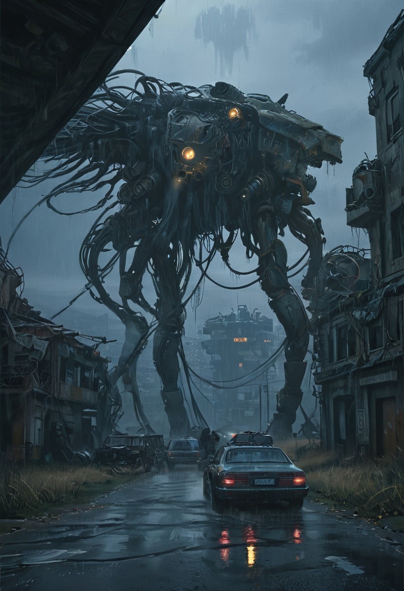 by Peter gric, H.R Giger, Chris Cold, by Florent Desailly, , (((the electric state book by Simon Stalenhag))), , alien race, by Peter gric, H.R Giger, Chris Cold, by Florent Desailly, horror, post apocalyptic, futuristic, post apocalyptic, (stunning, magnificent, HD, photorealistic, dramatic lighting, intricate details, high detailed biomechanical patterns, powerful, cinematic, masterpiece, raining, futuristic, 
 ruin city, ruin vehicles, giant animatronic nightmare mascots, BadDream