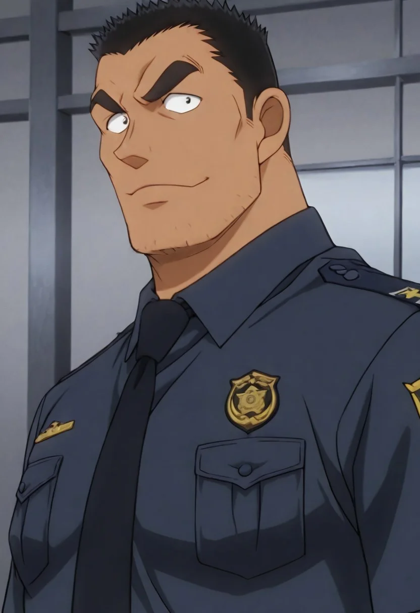 Anime, quality,high quality,masterpiece,extremely detailed,correct anatomy,best aesthetic, detailed face, (EyesHD), (solo), 1man, mature_male, crew cut, (solid pupils:1.5, black short hair, Date Wataru ), tanned skin, puffy nipples, big taller_male, (police uniform, confident face, looking at viewer), on the city street