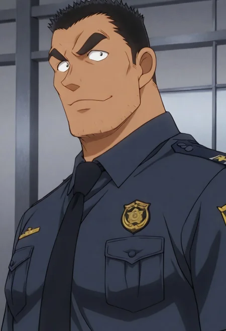 Anime, quality,high quality,masterpiece,extremely detailed,correct anatomy,best aesthetic, detailed face, (EyesHD), (solo), 1man, mature_male, crew cut, (solid pupils:1.5, black short hair, Date Wataru ), tanned skin, puffy nipples, big taller_male, (police uniform, confident face, looking at viewer), on the city street