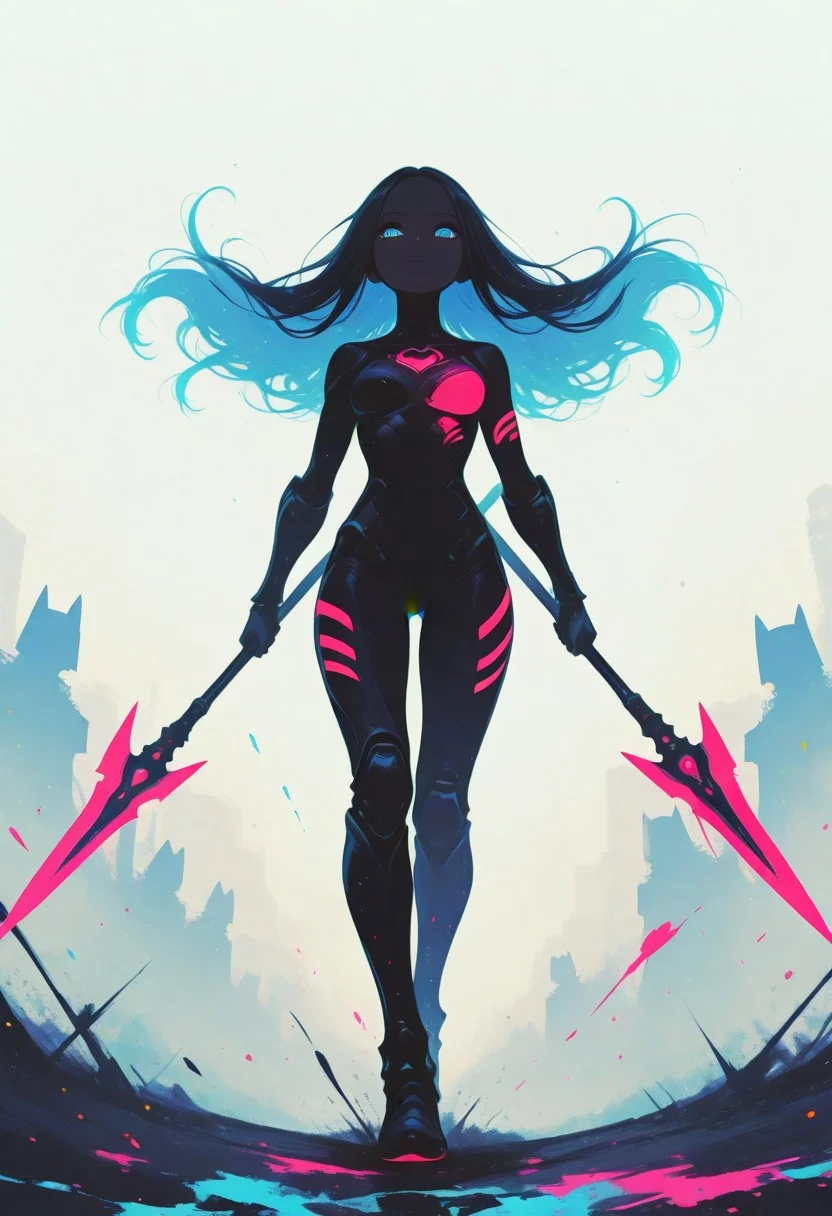 (score_9, score_8_up, score_7_up), masterpiece,best quality,amazing quality,(reij-incs, silhouette character, black ink, neon colors, colors splash effect, flowing hair), (silhouette character:1.5)
BREAK, long straight hair, blue eyes, detailed eyes, (petite body:0.7), (thin waist:0.9), perfectly round breast, medium breasts, Expressiveh,
BREAK, fantasy armor, spear,
BREAK, dynamic action pose, head tilted back,
BREAK, 1 girl, solo, face focus, detailed background, dark ground, dramatic angle, full body shot