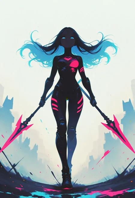 (score_9, score_8_up, score_7_up), masterpiece,best quality,amazing quality,(reij-incs, silhouette character, black ink, neon colors, colors splash effect, flowing hair), (silhouette character:1.5)
BREAK, long straight hair, blue eyes, detailed eyes, (petite body:0.7), (thin waist:0.9), perfectly round breast, medium breasts, Expressiveh,
BREAK, fantasy armor, spear,
BREAK, dynamic action pose, head tilted back,
BREAK, 1 girl, solo, face focus, detailed background, dark ground, dramatic angle, full body shot