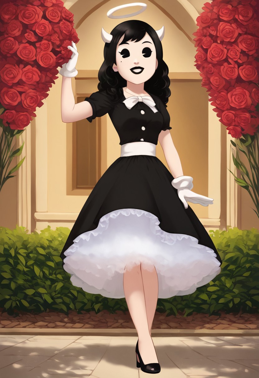 (Masterpiece, best quality:1.2), score_9, score_8_up, flat color, flat shading, soft shading, lighting, Alice Angel in a 1950's dress with a button down top, a fluffy frilly ruffled full petticoat, and high heels, dress, layered petticoat, frilly petticoat, fluffy petticoat, full petticoat, wide dress, flowing dress, long skirt, solid colored skirt, short sleeves, black hair, Bendy and The Ink Machine, series accurate, cute, best high quality, high res, black lips, white colored skin, whole body shot, 1girl, solo, outside, standing straight, in a garden, cute, adorable, smile, low angle shot, cartoon, cartoon style, vector, solo, circle dress, 1950s, alice angel