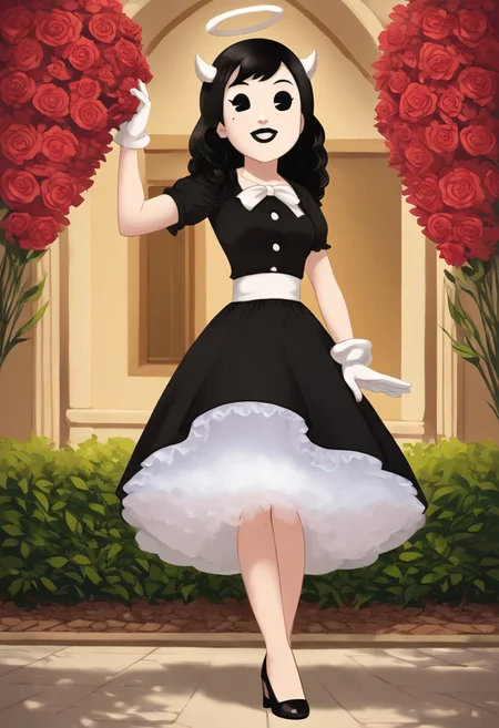 (Masterpiece, best quality:1.2), score_9, score_8_up, flat color, flat shading, soft shading, lighting, Alice Angel in a 1950's dress with a button down top, a fluffy frilly ruffled full petticoat, and high heels, dress, layered petticoat, frilly petticoat, fluffy petticoat, full petticoat, wide dress, flowing dress, long skirt, solid colored skirt, short sleeves, black hair, Bendy and The Ink Machine, series accurate, cute, best high quality, high res, black lips, white colored skin, whole body shot, 1girl, solo, outside, standing straight, in a garden, cute, adorable, smile, low angle shot, cartoon, cartoon style, vector, solo, circle dress, 1950s, alice angel