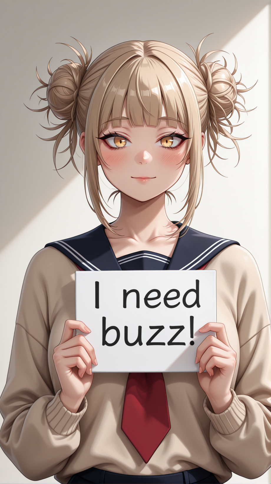 (masterpiece, best quality, ultra detailed, absurdres, vibrant colors, surrealism, stunning intricate lighting), 
 <lora:NeedBuzz_sign_Illustrious:0.8> need_buzz, holding sign <lora:Himiko_Toga_IL:0.8> Jedhmkto, school uniform,  messy buns,  long sleeves, red necktie, beige sweater, yellow eyes