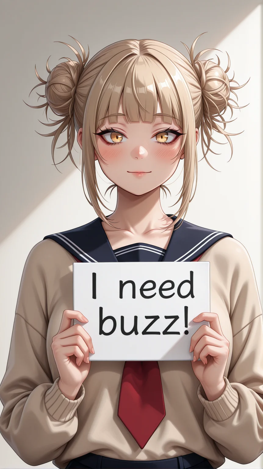 (masterpiece, best quality, ultra detailed, absurdres, vibrant colors, surrealism, stunning intricate lighting), 
 <lora:NeedBuzz_sign_Illustrious:0.8> need_buzz, holding sign <lora:Himiko_Toga_IL:0.8> Jedhmkto, school uniform,  messy buns,  long sleeves, red necktie, beige sweater, yellow eyes