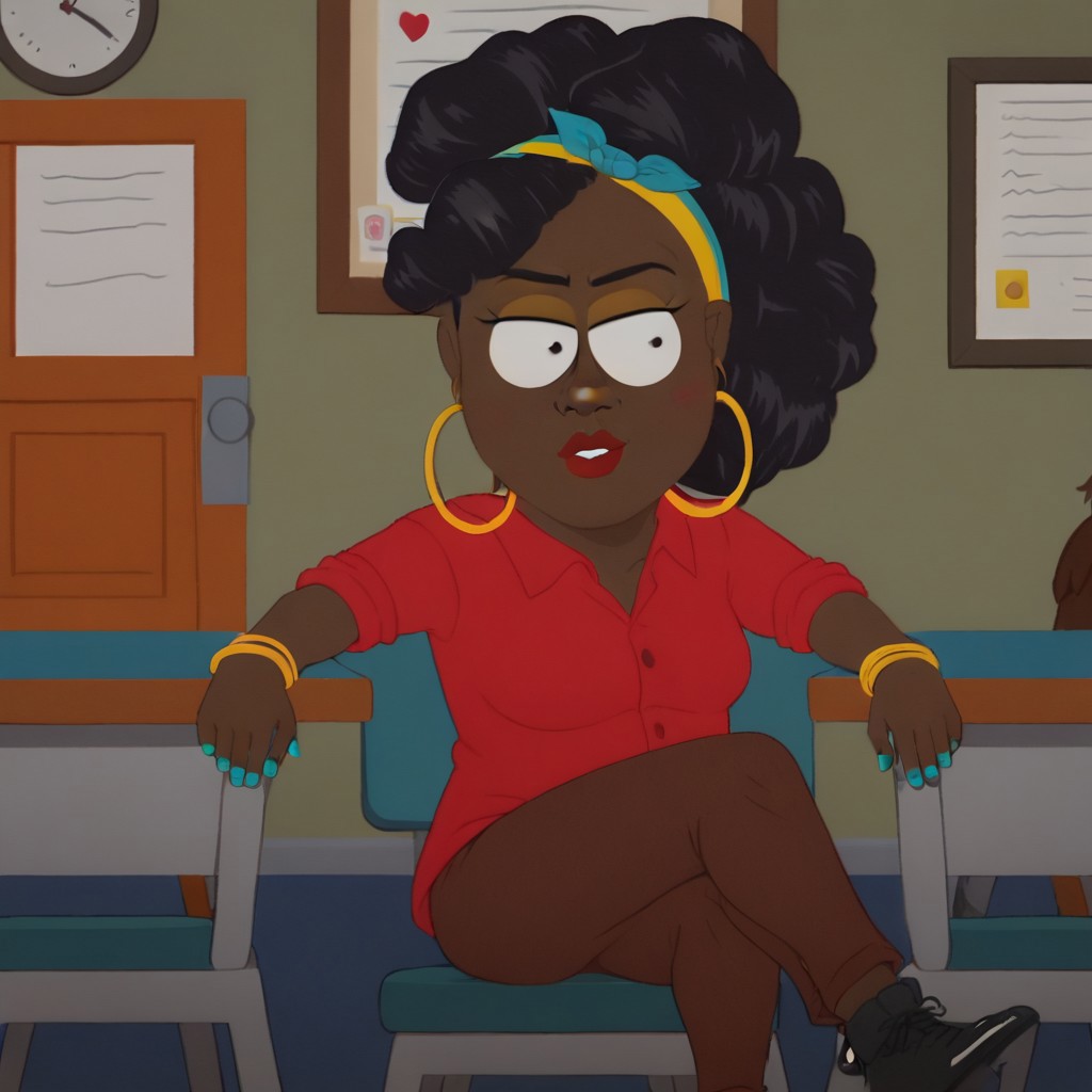score_9, score_8, score_7, BREAK, panderverse_cartman, black hair, hoop earrings, very dark skin, bracelet, hairband, sitting, crossed legs, class room