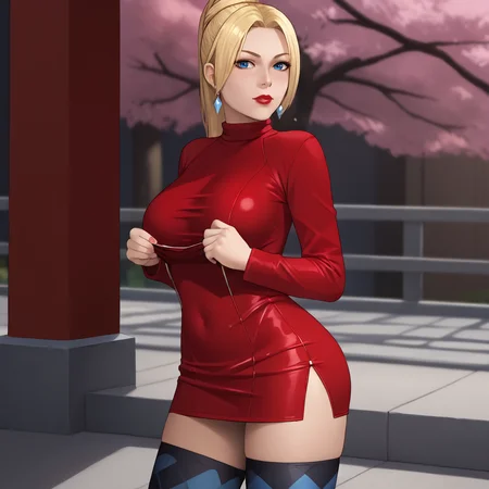 <lora:rachelninjagaiden_pony_v1:.8> RachelNinjaGaiden, 1girl, solo, large breasts, blonde hair, blue eyes, single hair bun,  lips,, lipstick,eyeshadow, cowboy shot,  <lora:0965 Home wear 12_v1_pony:1> ruanyi0965,red dress,short dress,black pantyhose,argyle legwear,turtleneck,dress lift,bottomless,long sleeves