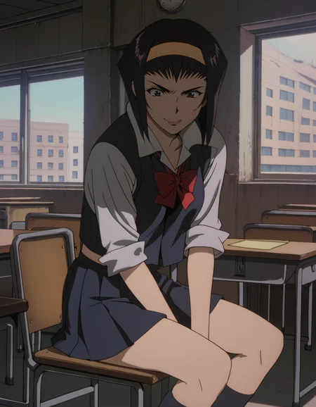score_9, score_8_up, score_7_up, <lora:cowboy-bebop-ponyxl-000020:1> v4l3nt1ne, hairband, yellow hairband, school uniform, pleated skirt,
1girl, solo, sitting, smirk, classroom