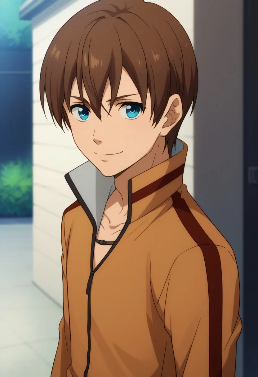 score_9, score_8_up, score_7_up, source_anime, highly detailed,
kensuke, 1boy, male focus, solo, brown hair, upper body, blue eyes, smile, track suit, standing, looking at viewer, pants, track jacket, orange jacket, orange pants, closed mouth
outdoor,