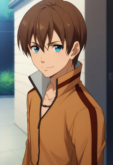 score_9, score_8_up, score_7_up, source_anime, highly detailed, 
kensuke, 1boy, male focus, solo, brown hair, upper body, blue eyes, smile, track suit, standing, looking at viewer, pants, track jacket, orange jacket, orange pants, closed mouth
outdoor,