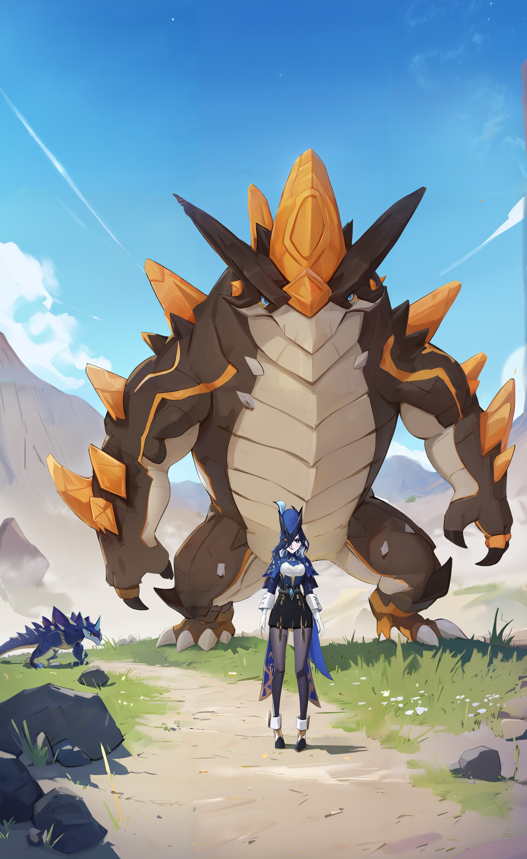 8k, best quality, masterpiece, (ultra-detailed), 
<lora:keluo-A3-Tanger:0.8>, 1 Big Geovishap and 1 Clorinde, Clorinde, def clothes, Big Geovishap, big yellow monster, grass, 1girl, 
alpine, prehistoric monster, looking at viewer, 
full_shot, epic level picture, film lens, oil_painting, super high detail, beauty and the beast, desert, rock, sandstorm, boundless,