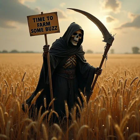 score_7_up, studio lighting, best quality, detailed, realistic, grim reaper in a wheat field, sign saying "time to farm some buzz"