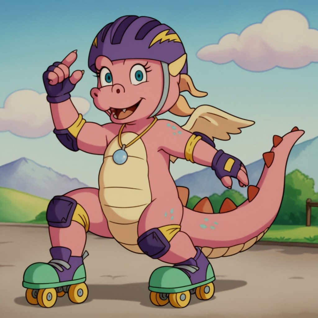 score_9, score_8_up, score_7_up, score_6_up, score_5_up, score_4_up source_furry, CassieDT, semi-anthro, female, dragon, pink skin, horns, wings, jewelry, necklace, roller skates, helmet, fingerless gloves, elbow pads, knee pads, outside