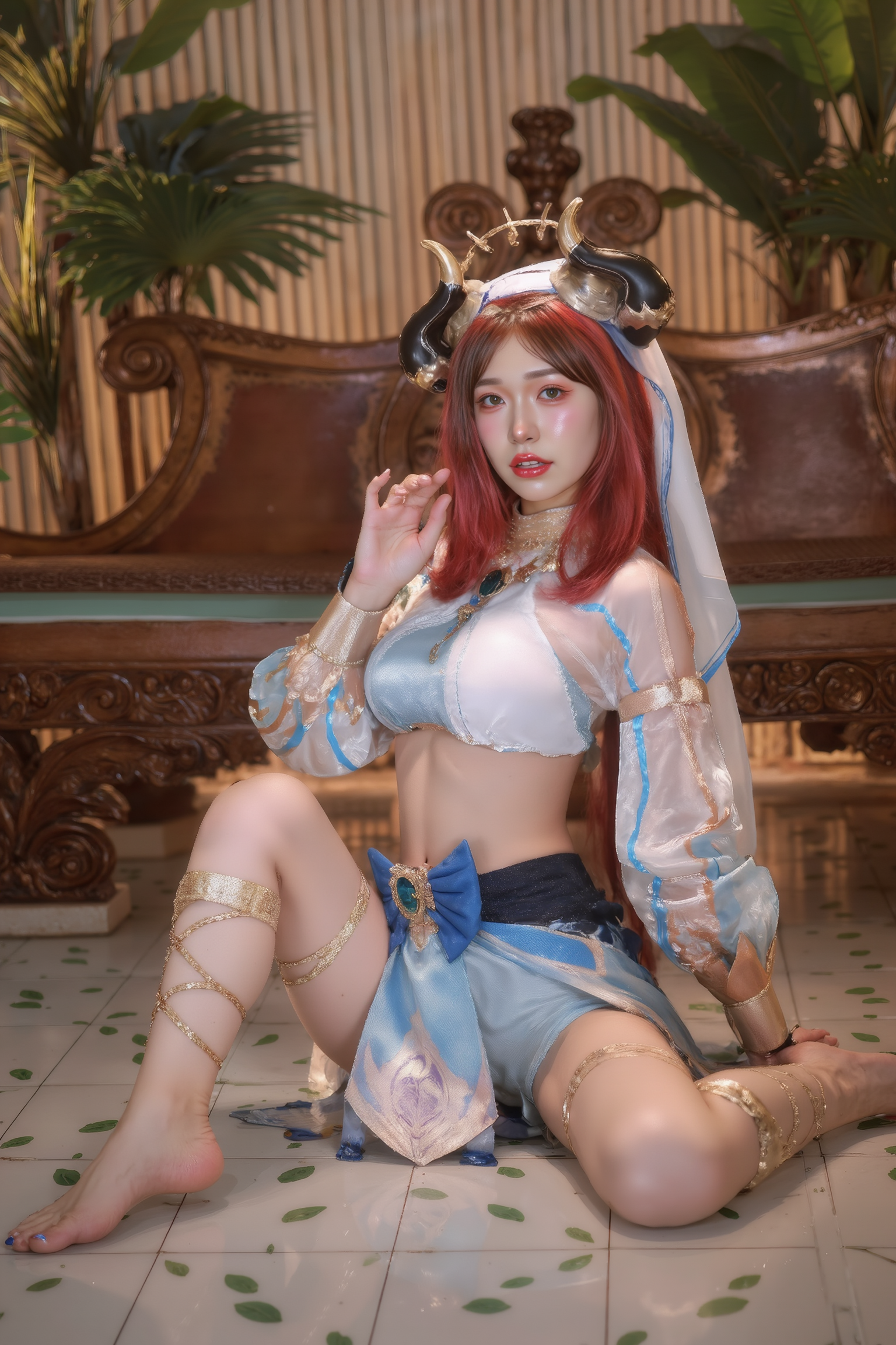 A high-resolution photograph of a young woman seated on the floor, one leg fully extended outward while the other knee is bent, foot flat against the floor. Her torso is slightly twisted toward the camera, hands naturally placed beside her hips, creating a dynamic yet elegant silhouette. Soft lighting captures her calm, expressive features.

She is wearing a blue and white SGWN59Clothing with horns. Her makeup is dramatic, with dark eyeliner and bold, glossy pink lips. 

The lighting features a high-contrast, monochromatic white color scheme that creates a moody, intimate atmosphere. 

The photography technique uses what appears to be soft lighting to create a glamorous effect, with careful attention to highlighting contours while maintaining the dominant light brown color scheme throughout the frame.

The overall aesthetic combines elements of fashion photography, traditional Asian visual motifs, and contemporary boudoir styling. The dramatic light brown lighting creates a cohesive visual theme that ties all elements of the composition together.

The white light emit on her to show her feature.