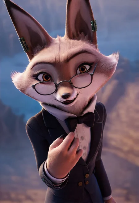score_9, score_8_up, score_7_up, score_6_up,anime, 1girl, solo, glasses, (fully clothed), looking at viewer, outside, (jizzbridge), (shiny skin:1.2), upper body, Hand On Own Chest, brown eyes, posing, (seductive), background, wearing tuxedo suit, white shirt, bowtie,  3d, Zhen, Corsac fox, Right-sided jade ear piercing,  Fur Gray and White, brown eyes