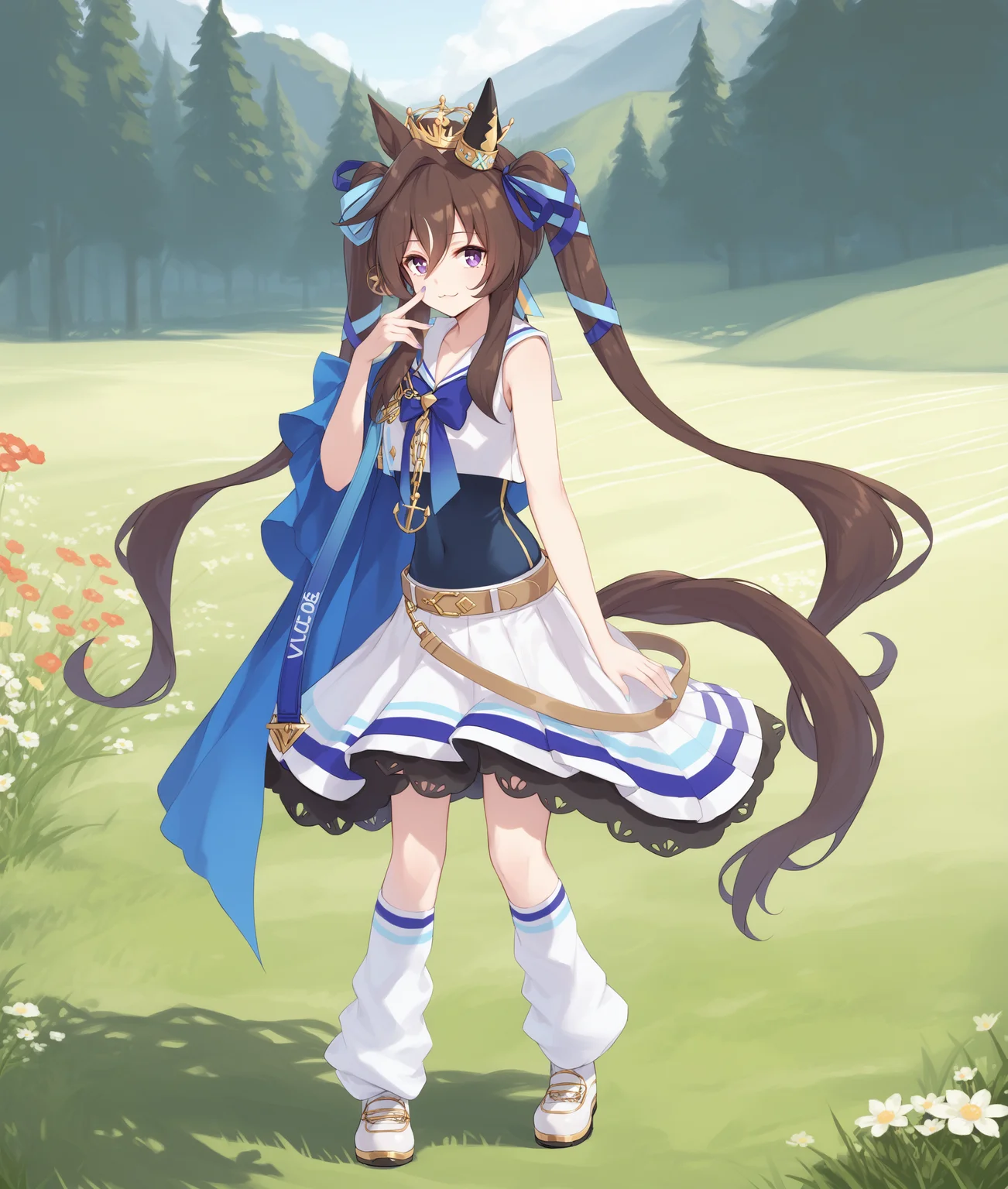 score_9, score_8_up, score_7_up, 2D, anime BREAK
grassland,
shobufuku, 1girl, solo, long hair, looking at viewer, skirt, brown hair, black hair, ribbon, animal ears, twintails, purple eyes, tail, full body, hair ribbon, shoes, sleeveless, socks, belt, nail polish, horse ears, crown, horse girl, horse tail, loose socks,
standing,
five fingers,
<lora:vivlos-ponyXL_resu006:1>,