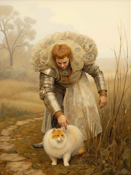 intricate Australian Expressionism painting. Full body view. Rennaisance theme. Plump mature terrified female knight, bejewelled, bending over to pick up a cat in a punk moorland setting. Intricate white and beige and copper Voronoi details. Overall, the scene is misty and is very detailed. Dramatic light illuminates the scene from the front. <lora:Former_Splendor:0.4> <lora:Paper_Marbling_Flux:0.5> <lora:midjourney_whisper_chromaplex_v1:0.4> <lora:Hand v2:1> <lora:flux.1_lora_flyway_Epic-detail_v2:0.4> <lora:Kaoru-Yamada_v17-000054:0.4>
