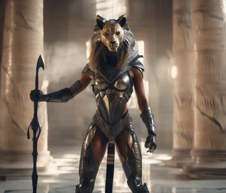photo of beyonce as a muscular fit female science fiction <lora:stargateJackal-SDXL:1.0> stargateJackal with a black (lioness:1.5) mask and cybersuit armor in an eqyptian temple, mix of natural lighting and artificial lighting, cinematography by Karl Walter Lindenlaub, directed by Roland Emmerich, (photorealistic:1.2)