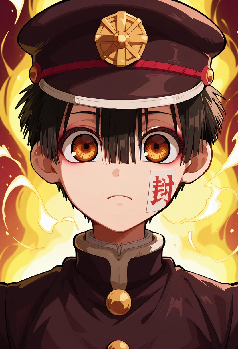 masterpiece, best quality, intricate details, , looking at viewer, 1boy, solo, male focus, <lora:hanako-kun_ilxl:0.9>, hanako-kun, black hair, brown eyes, short hair, hair between eyes, bangs, hat, black headwear, gakuran, ofuda, quantum forge, energy streams, particle flows, power cores, working pose, focused expression, plasma lighting,