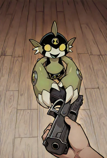 <lora:dito-08:1> dito, solo, no humans, green eyes, white claws, 1boy,green clothes, big hands, green head fins, green arms, black head, dynamic pose,, <lora:go_do_a_crime_meme:1> go_do_a_crime_(meme), smile, open mouth, pov, handgun, masterpiece, best quality, amazing quality, very aesthetic, absurdres, newest,