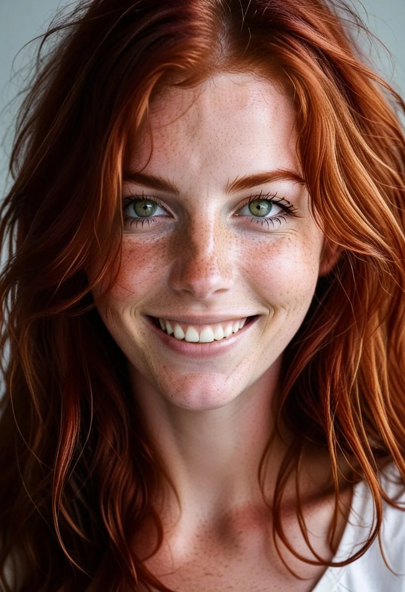 score_9, score_8_up, score_8_up, portrait , close up, 25yo redhead woman, green eyes, freckles, long messy hair, laughing, perfect skin, detailed eyes,