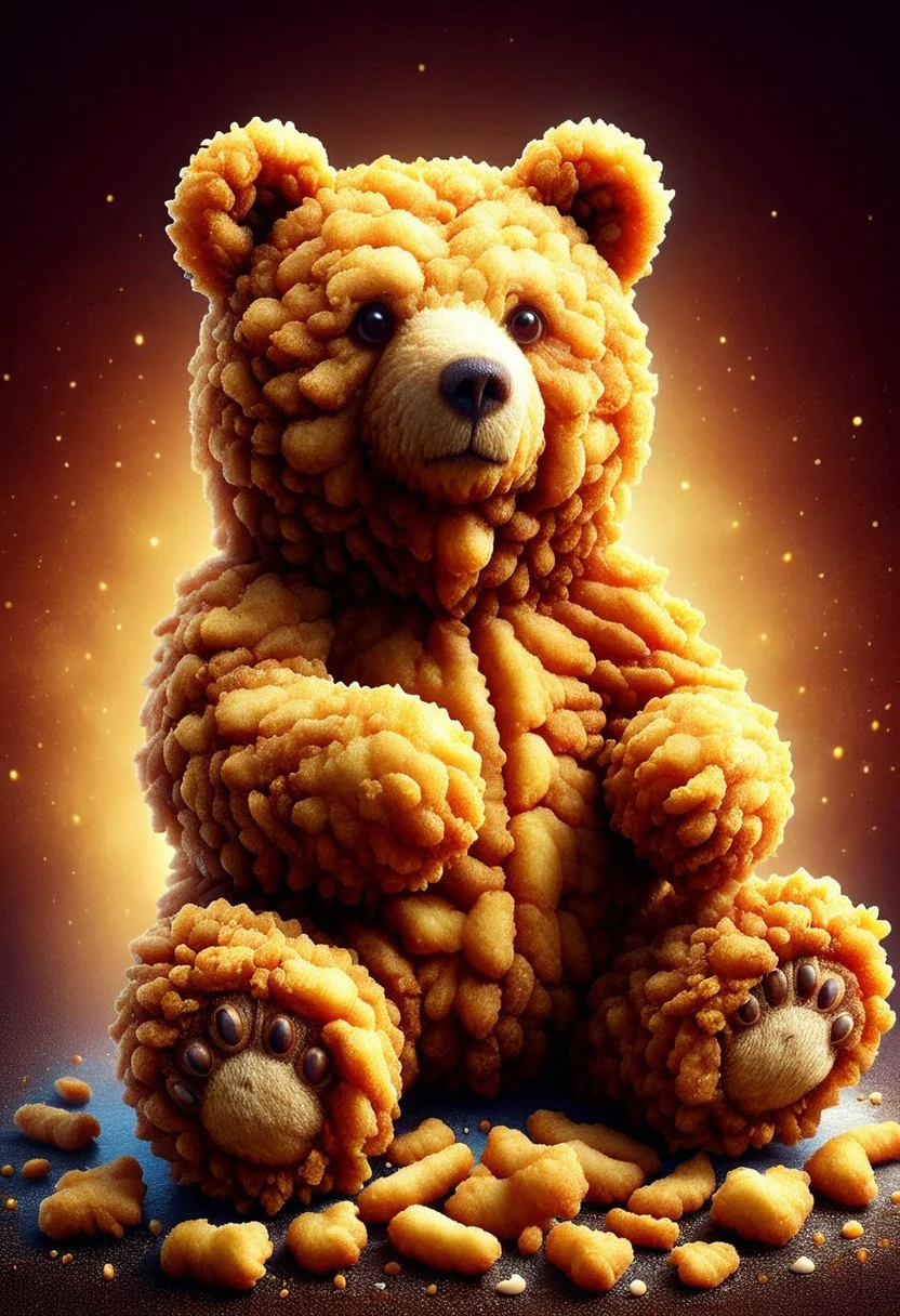 (sculpture bear made of deep fried & crispy breading:1.25), DFC, (breaded:0.3), perfect composition, elaborate, (ultra realistic:1.1), detailed background, masterpiece, best quality, highly detailed, hyper-detailed, uhd, vibrant colors, extremely detailed, exquisite detail, intricate, ultra-realistic, ultra-detailed, safe_pos