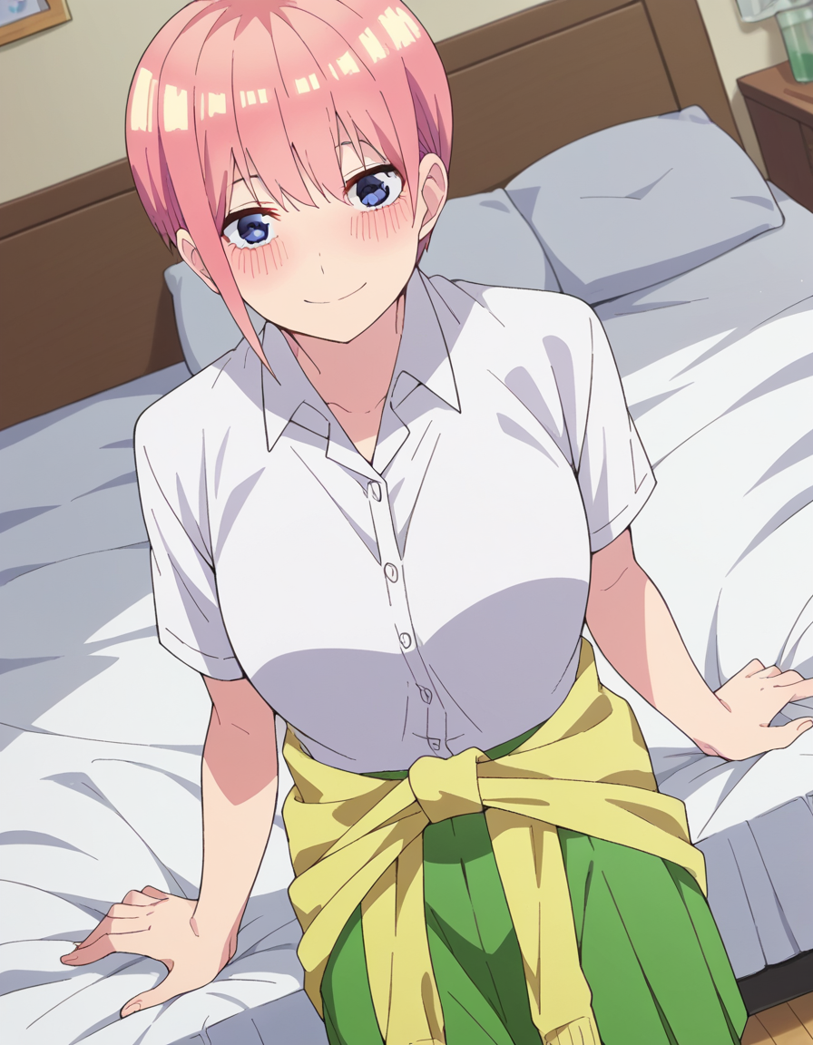 score_9, score_8_up, score_7_up, source_anime,
ichikanakano, <lora:ichika-nakano-s2-ponyxl-lora-nochekaiser:1>, 
ichika nakano, short hair, bangs, blue eyes, hair between eyes, pink hair, pixie cut, smile, mature female,
skirt, shirt, school uniform, white shirt, short sleeves, pleated skirt, collared shirt, sweater, green skirt, clothes around waist,
indoors, bed, bed room, on side, blush, drunk,
looking at viewer, cowboy shot, solo, dutch angle,