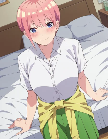 score_9, score_8_up, score_7_up, source_anime,
ichikanakano, <lora:ichika-nakano-s2-ponyxl-lora-nochekaiser:1>,
ichika nakano, short hair, bangs, blue eyes, hair between eyes, pink hair, pixie cut, smile, mature female,
skirt, shirt, school uniform, white shirt, short sleeves, pleated skirt, collared shirt, sweater, green skirt, clothes around waist,
indoors, bed, bed room, on side, blush, drunk,
looking at viewer, cowboy shot, solo, dutch angle,