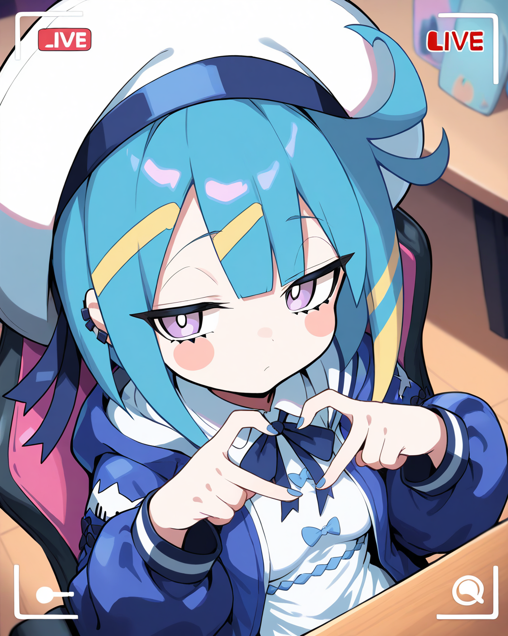 1girl,
LiveTwinLil-laYu-Gi-Oh,
safe, solo, dynamic angle, upper body, chibi,
looking viewer, blush stickers,
heart hands,
sitting, gaming chair,
sailor hat, hat ribbon, 
hooded jacket, neck ribbon, puffy sleeves,
collared dress, breasts,
livestream, table,
depth of field,
<lora:kp_LiveTwinLil-laYu-Gi-OhAnimagineXL_v1_1:1.0>,
masterpiece, high score, great score, absurdres
