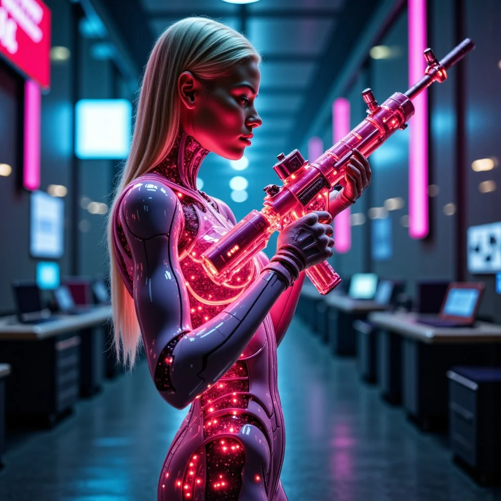 the most realistic, photorealistic photo ever taken [FULL BODY SHOT, extremely detailed, 8k,  FEMALE CYBORG HOLDING A PLASMA RIFLE, BLONDE HAIR, LEDS,TRANSPARENT BODY,Detailed hand, Hand, Perfect hand, ]