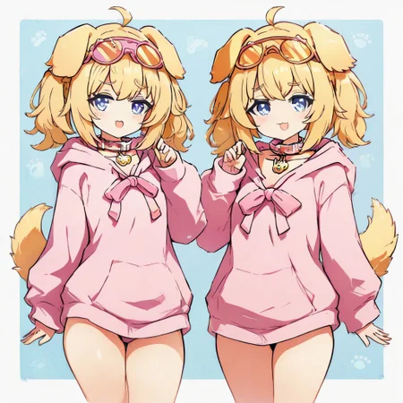 Blonde haired dog girl with small chest big thighs and butt with oversized hoodie pink collar and ping bowtie on the head with black eyeliner blue eyes aged 18