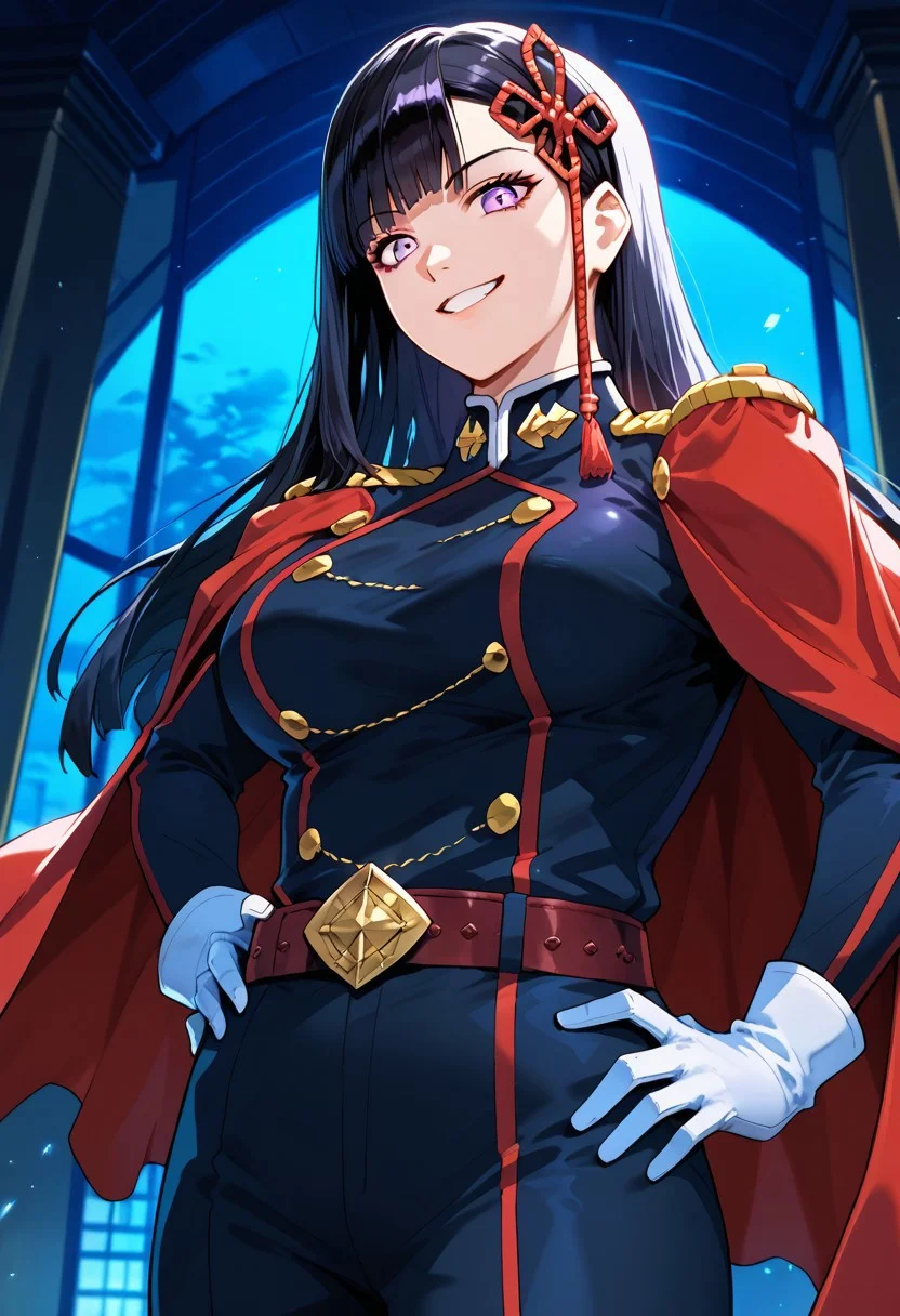 score_9,score_8_up,score_7_up,source_anime,REN_YAMASHIRO,1girl,solo,long hair,breasts,smile,bangs,large breasts,black hair,hair ornament,gloves,purple eyes,belt,white gloves,blunt bangs,cape,grin,uniform,hand on hip,from below,epaulettes,red cape,aiguillette,