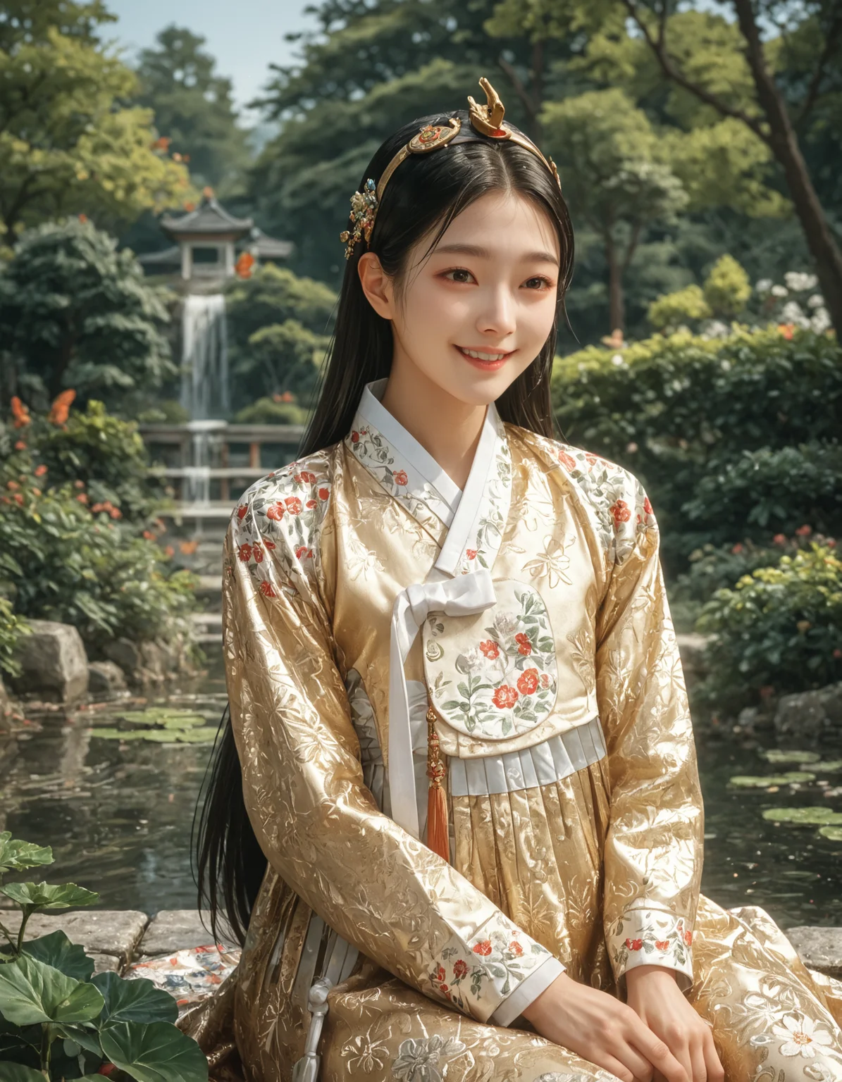 score_9, score_8_up, score_7_up, score_6_up, score_9, score_8_up, score_7_up, score_6_up, cartoon, anime, 1girl, smile, long hair, gold hanbok, patterned skirt, white ribbon, patterned hanbok, hair ornament, hair pin, sitting, outside, asian garden, pond, very clear image, detailed face, detailed character design, ultra-high resolution, perfectly composed, clear, breathtaking attention to detail, highres, ultra detail, 8k wallpaper,