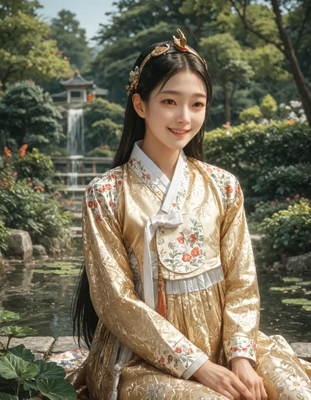 score_9, score_8_up, score_7_up, score_6_up, score_9, score_8_up, score_7_up, score_6_up, cartoon, anime, 1girl, smile, long hair, gold hanbok, patterned skirt, white ribbon, patterned hanbok, hair ornament, hair pin, sitting, outside, asian garden, pond, very clear image, detailed face, detailed character design, ultra-high resolution, perfectly composed, clear, breathtaking attention to detail, highres, ultra detail, 8k wallpaper,