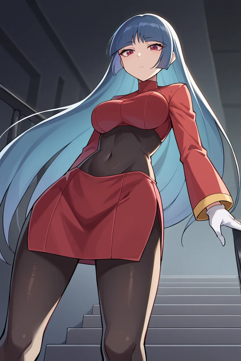 score_9, score_8_up, source_anime, 1girl, solo BREAK <lora:sabrina-pdxl-nvwls-v1-000006:1> frlgsab, blunt bangs, very long hair, black bodysuit, turtleneck, crop top, red sleeves, red skirt, white gloves, black pantyhose, (large breasts:0.7), looking at viewer, furrowed brow, expressionless, from below, dark room, pedestal, stairs, standing
