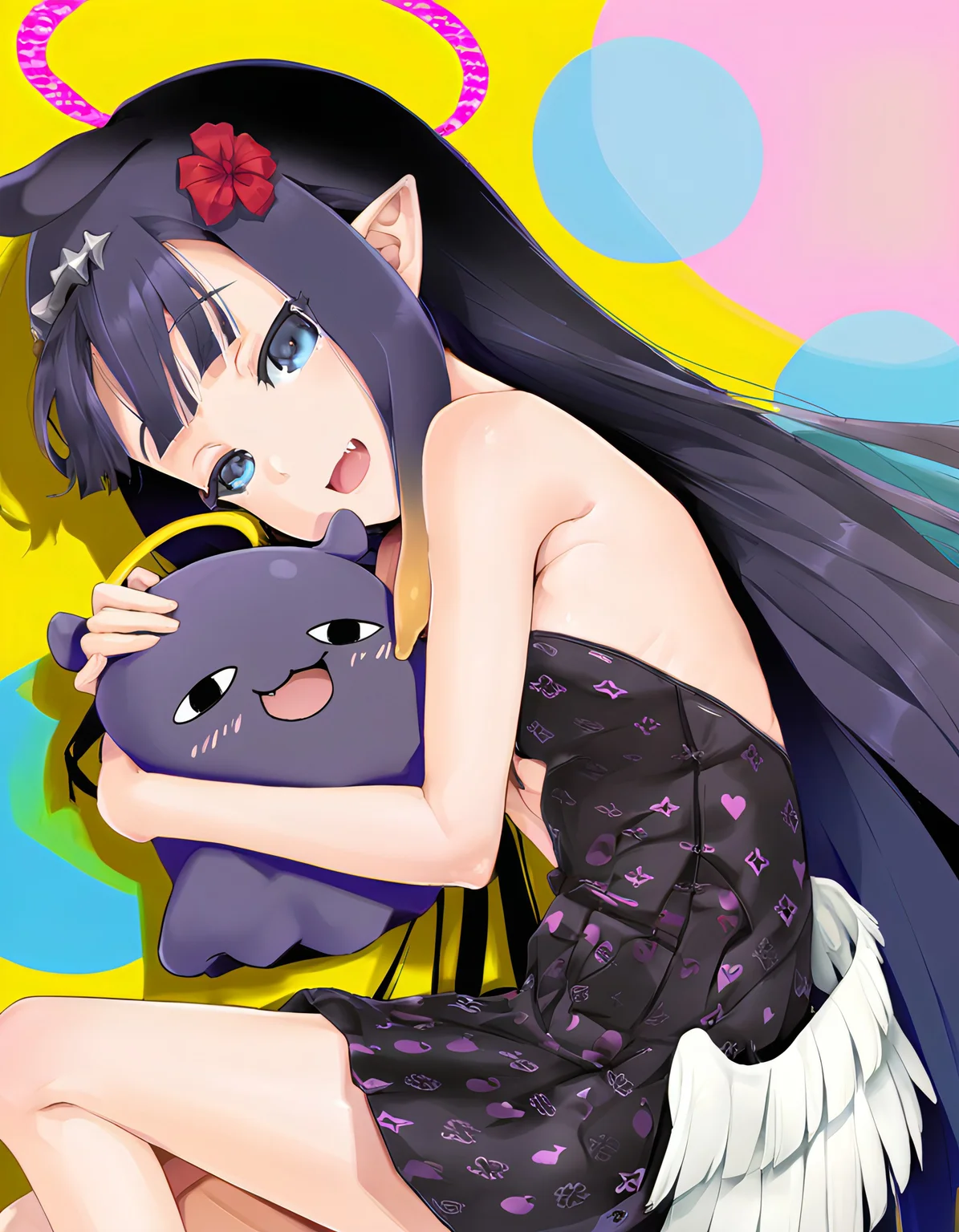 ninomae ina'nis 1girl, ina2D, petite body, side view, on side, girl hug takodachi, ((circle layout)), pointy ears, orange hair, gradient hair, looking at viewer, blunt bangs, blue eyes, smile, fang, open mouth, heart, multicolored hair, halo, low wings, black dress, fur trim, strapless dress, heart, thin body,(masterpiece, best quality, very aesthetic), detailed, beautiful color, amazing quality, cirlce background, 1girl, perfectly flat chest, tiny perky tits, alice ryuunosuke, blue eyes, blonde hair, french braid, sidelocks, red flower, hair flower, very long hair, large breasts,