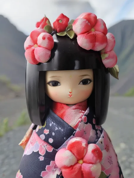 a little MRkokeshiSakura full body doll <lora:MRkokeshiSakura:1> (in a vulcano with red flowers:1.6)
