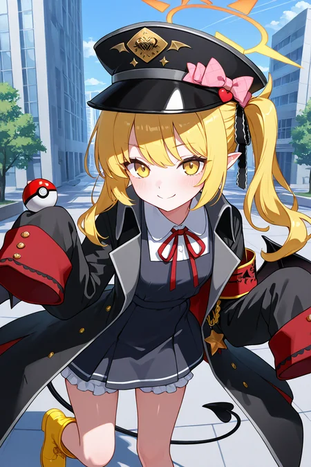 masterpiece, best quality, 1girl, solo, 21 year old model, eyelashes, (beautiful eyes), ,,, zzIbuki, yellow eyes, yellow halo, blonde hair, long hair, tail, side ponytail, horns, demon horns, black horns, hair ribbon, pointy ears, wings, demon wings, black wings, tail, demon tail, horns, black tail, demon horns, black horns, demon girl, low wings, hair ribbon, neck ribbon, black headwear, red ribbon, peaked cap, black coat, collared shirt, long sleeves, open coat, pinafore dress, sleeves past fingers, black dress, hat bow, white shirt, yellow footwear, boots, white shorts, oversized clothes, red armband, military hat, pink bow, <lora:IbukiBlueArchiveIXL:1.0>,(holding pokeball), dynamic pose, cowboy shot, leaning forward, smile, looking at viewer, shiny skin,