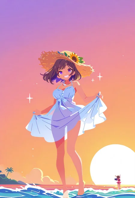 Masterpiece, high quality, ultra-detail, 8K resolution, sharp focus, 2d, (flat color, no lineart, Flatline, Flat vector illustration),
Summer girl, sunflower crown, flowing sundress, golden sunlight, beach waves, carefree smile, barefoot stroll, woven hat, seashell necklace, tropical breeze, sandy shore, sparkling ocean, radiant skin, playful pose, warm sunset