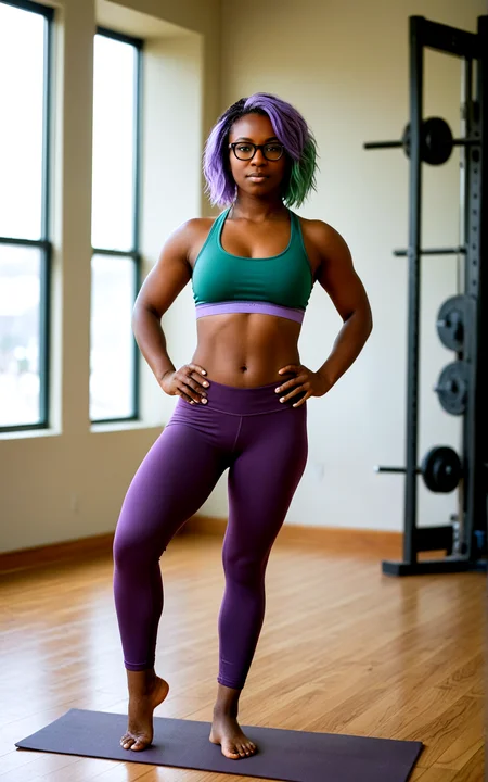 <lora:pytorch_lora_weights_361535:1>,<lora:StS_Age_Slider_Illustrious_v1_1055288:2.4>,<lora:Skin Color_alpha1.0_rank4_noxattn_250steps:2.4>,full body,
A 34 year old Girl,solo,natural breasts,glasses,medium hair Hair, green Hair,, lavender ,
yoga_outfit,yoga_pants,sport_bra,
(Standing:1.2) with weight shifted onto one foot, the opposite knee bent slightly, arms positioned asymmetrically â one resting on the hip while the other extends loosely outward.,fitness center,gym,