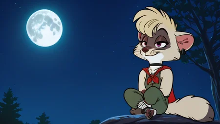 (detailed background:1.2), photorealistic, high quality, image depth, cinematic lighting, photorealistic, detailed shading, <lora:pony_good_hands:1>, solo, masterpiece, highest quality, detailed face, deep shadows, SFW, night setting, <lora:Beautiful Detailed Eyes:1> <lora:Detailed_eyes:1>, fluffy fur, (Brooke,1girl,solo,furry female,racoon girl,purple eyes,blonde hair,short hair,bangs,body fur,two tone fur,grey fur,white fur,tail,black choker,snout,animal nose,whiskers,earings,piercing, armless green top, anthro, fluffy, fluffy fur, paws, moon, trees, tunic, pants, cape, scarf, leg wrap), <lora:Brooke_v01_ILXL:1>, (half closed eyes:1.2), sharpening a spearhead, <lora:DragonBall-Illustrious:1>, dbstyle, full body, score_9, score_8_up, score_7_up, score_6_up, score_5_up, score_4_up,