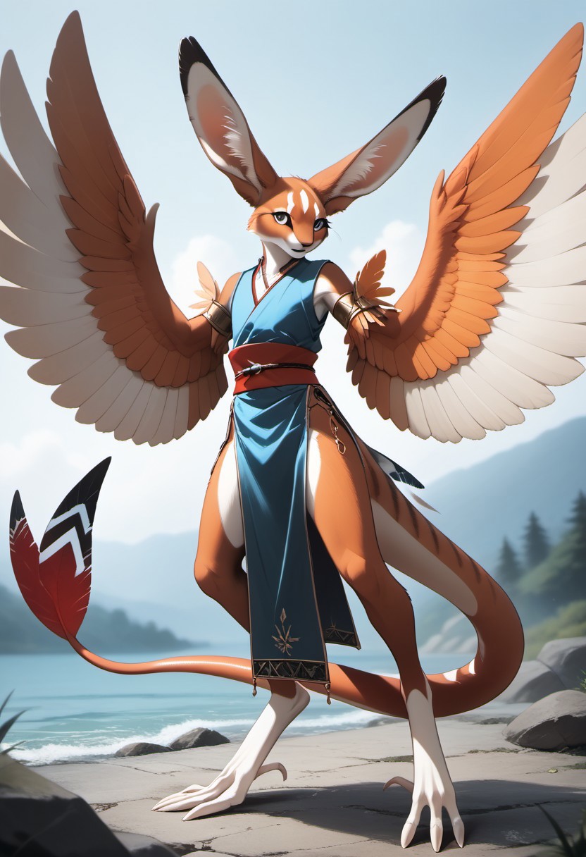 1person, Palagiri, anthro, feline features, feline nose, large ears, ((wings)), ((armless)), perfect wings,
3/4 view, perfect face, ((prehensile toes, long toes)), ((feathers-tipped tail, fanned tail-tip, tapering-tip tail)),
digitigrade legs, pelvic curtain tunic,
Source: anime, score: 9, score: 8up,