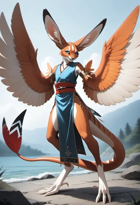 1person, Palagiri, anthro, feline features, feline nose, large ears, ((wings)), ((armless)), perfect wings,
3/4 view, perfect face, ((prehensile toes, long toes)), ((feathers-tipped tail, fanned tail-tip, tapering-tip tail)),
digitigrade legs, pelvic curtain tunic,
Source: anime, score: 9, score: 8up,
