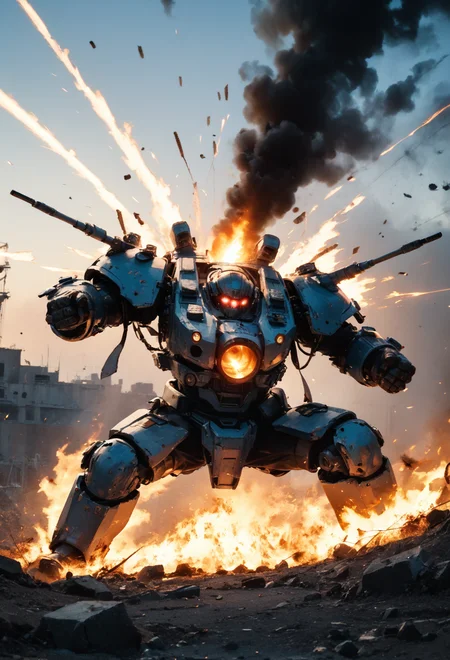 score_9_up, score_8_up, score_7_up, 1 giant battle super robot, glowing eyes, wing, firing lase beams, upper body portrait battlefield, sun, sunlight, blue sky, high contrast mech heavy armor, dynamic pose, backpack, fighting, firing, weapons, missiles, damaged, upper body close up shot smoke, dust, fire anime, motion lines, blurry, highres, extremely detailed, solo, sharp focus, cinematic lighting, <lora:StS_PonyXL_Detail_Slider_v1.4_iteration_3:3> <lora:c0l0urc0r3XLP2:0.35> c0l0urc0r3, cute, bright colours, <lora:aesthetic_anime_v1s:1.2> <lora:DetailMaximizer:0.8> <lora:AmateurStyle_v1_PONY_REALISM:0.8> amateur, real life photo, <lora:fiasco_A1:1> <lora:zy_Animation_Shot_PonyRealism_v1:1> zy_animation, <lora:hand 5.5:1>